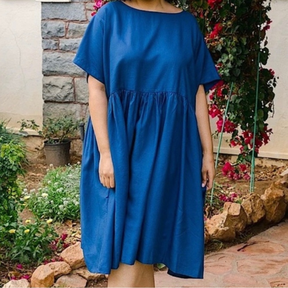 Tradlands Nico Linen Blend Cobalt Blue Midi Dress with Pockets
